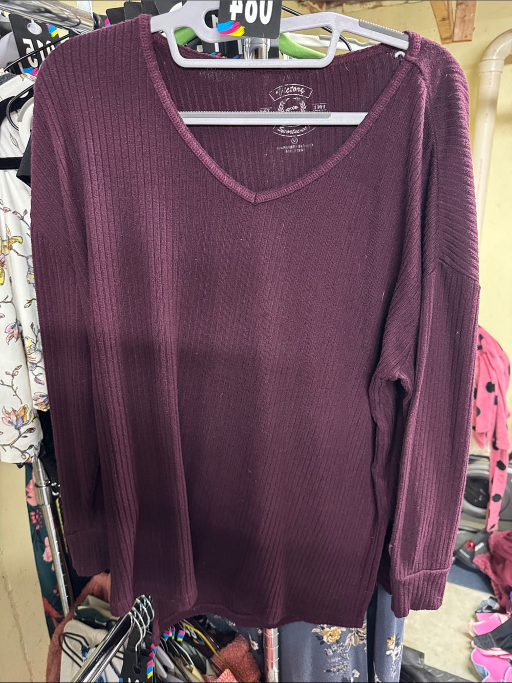 Women’s Ribbed V-Neck Top — Deep Plum